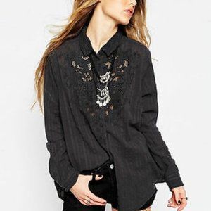 Free People Black Carter Dobby Embroidered Blouse